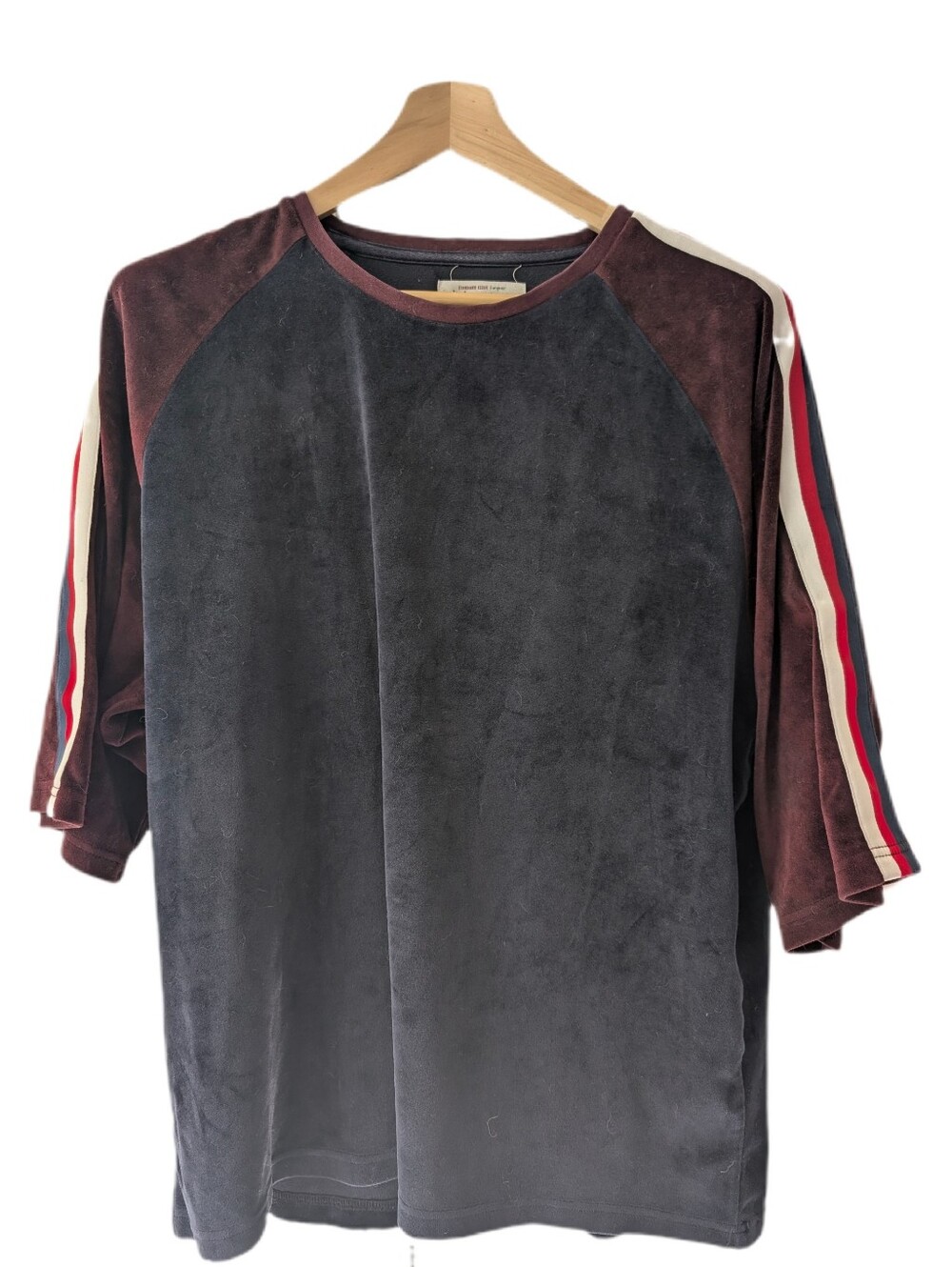 Vintage 1990's Navy And Burgundy Raglan Racing Stripe Velour Men's T-shirt -XL-